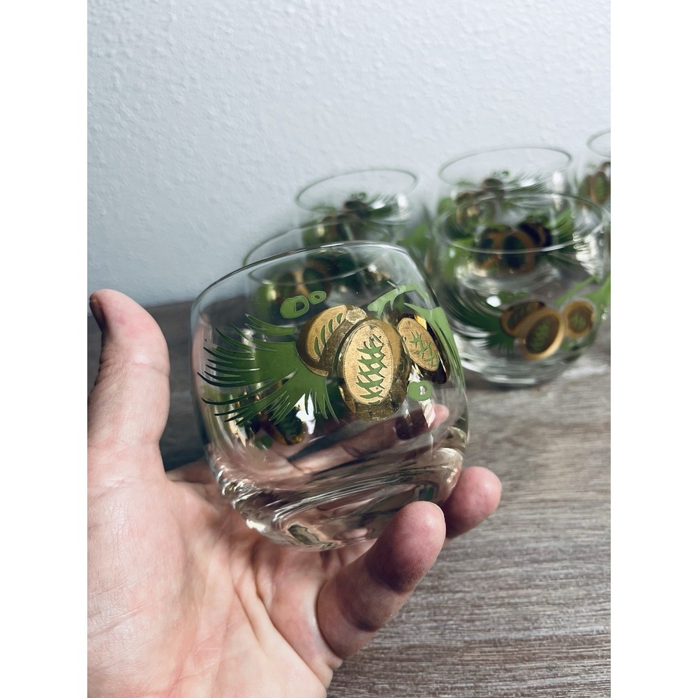 MCM Glasses Barware Federal Roly Poly Woodland Pattern Gold Green Brown‎ Set 7